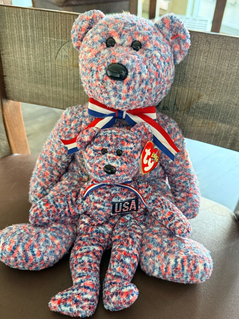 USA Beanie Baby & Beanie Buddy Bear Set - Red, White & Blue